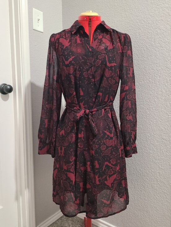 Modcloth Dresses & Skirts - Modcloth Black And Burgundy Halloween Cat Bat Crow Spider Sheer Shirt Dress M